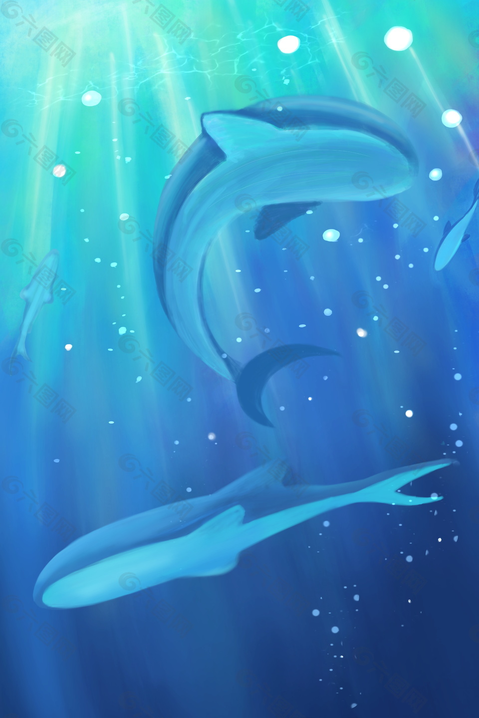 手绘海洋中海豚背景素材