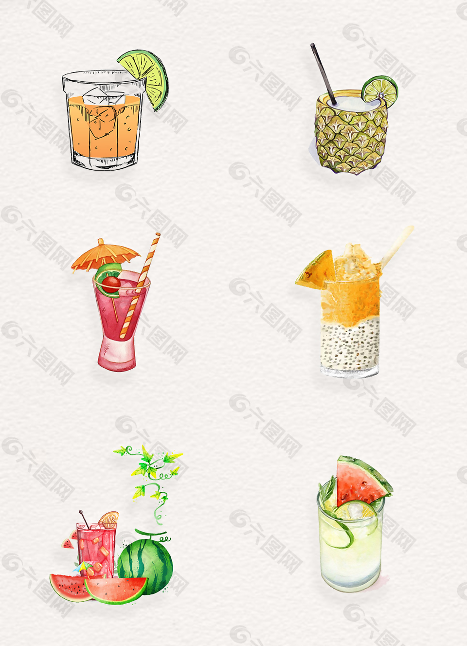 卡通水彩果汁饮品png图片