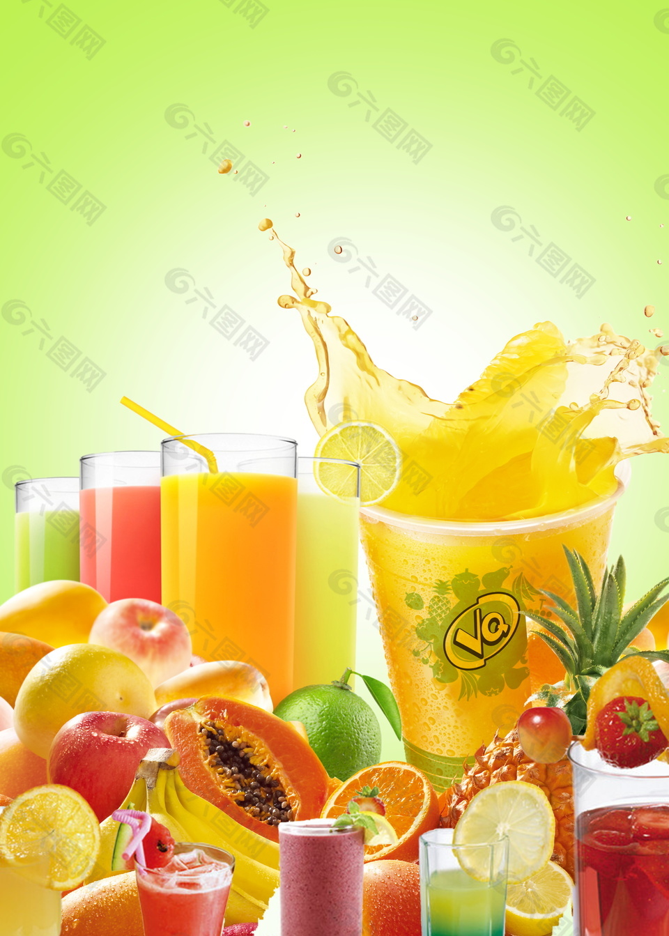 夏季鲜榨各种水果果汁背景素材