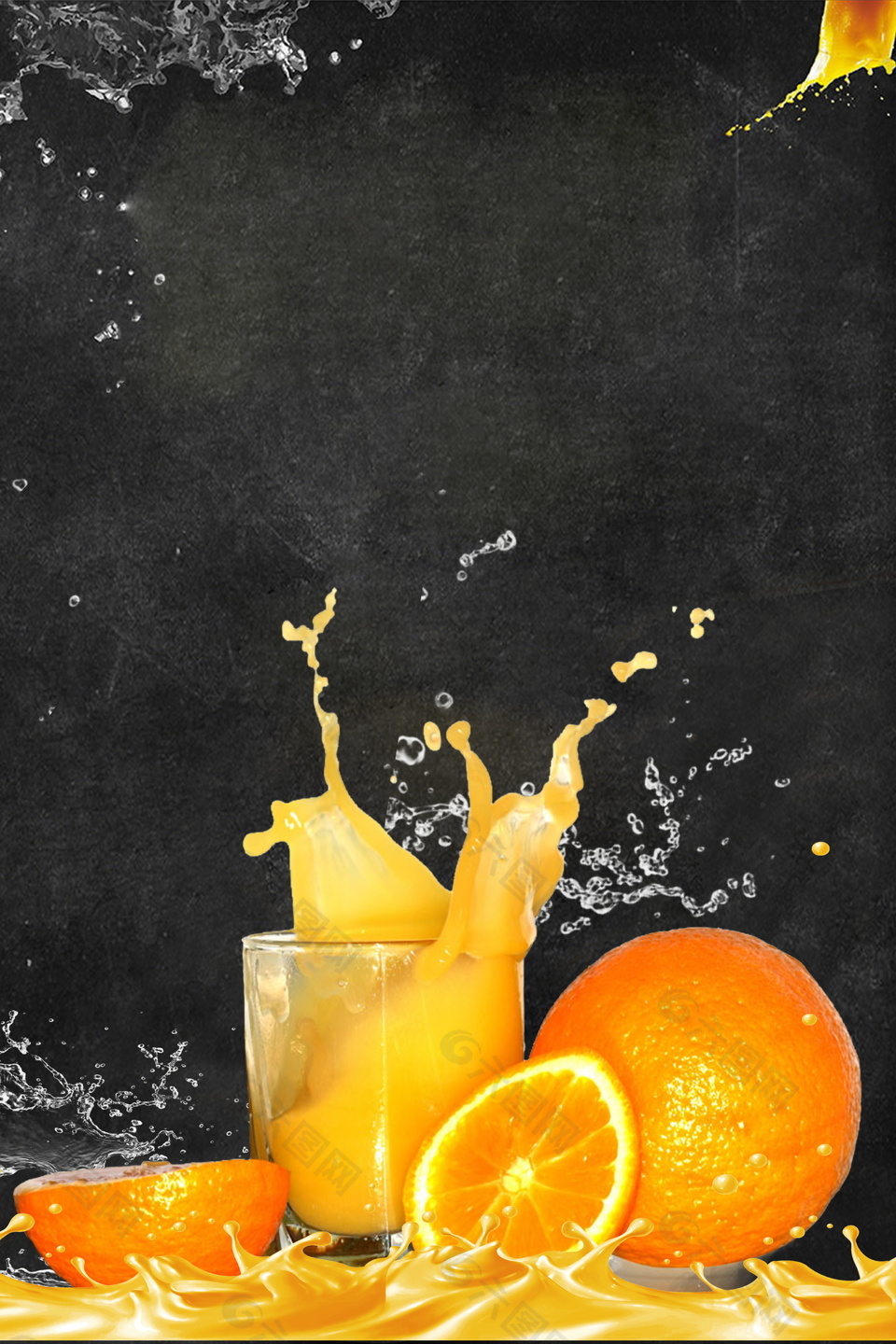 黑色背景夏季鲜榨橙子果汁背景素材