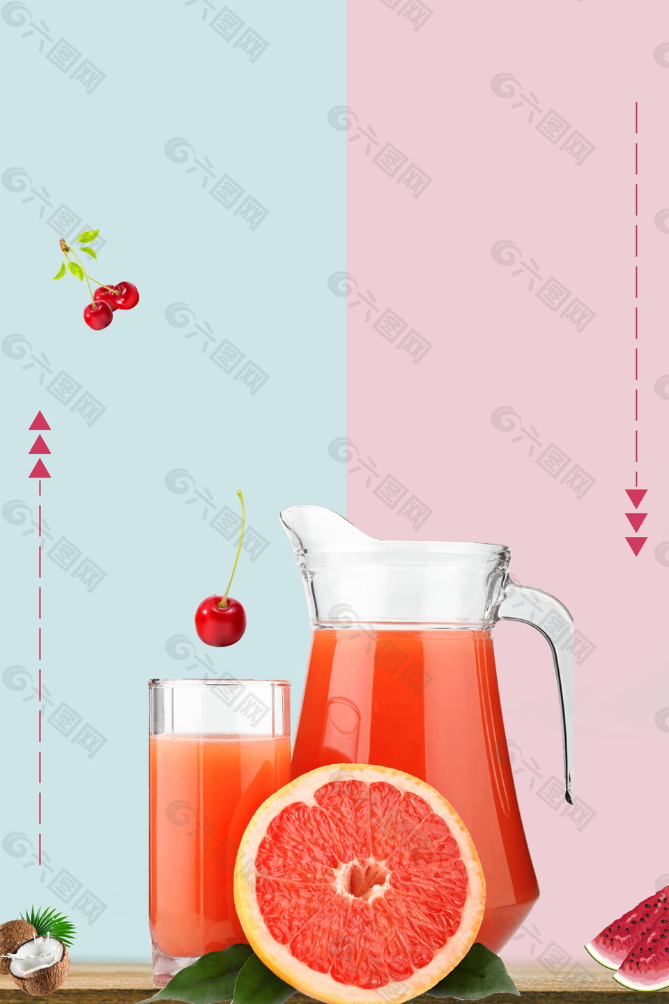 两色接拼底纹夏季鲜榨樱桃果汁背景素材