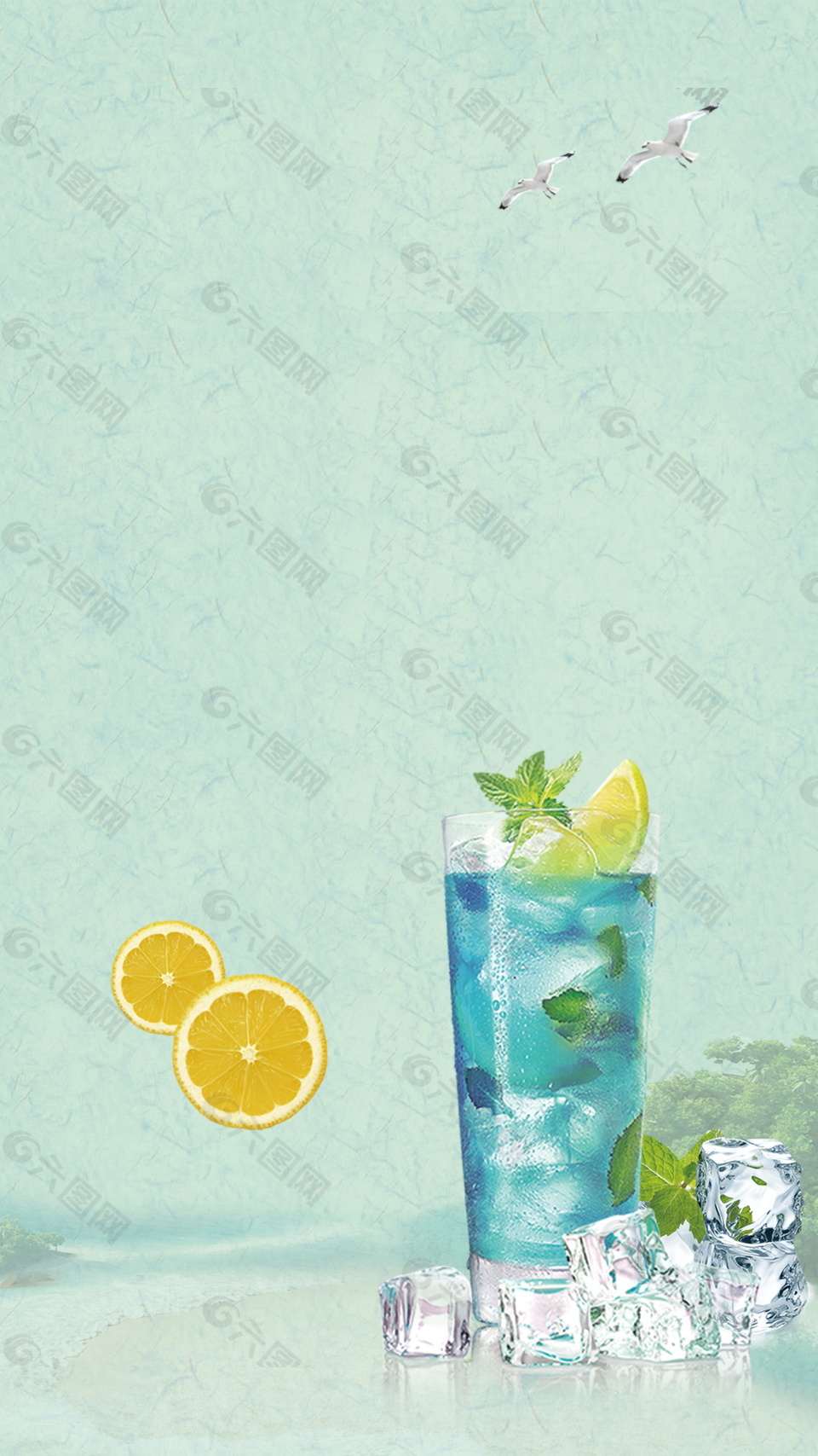 清爽蓝色柠檬加冰饮料广告背景素材