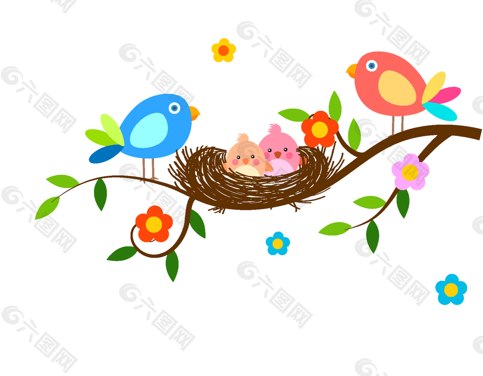树枝上孵化的小鸟宝宝一家矢量图