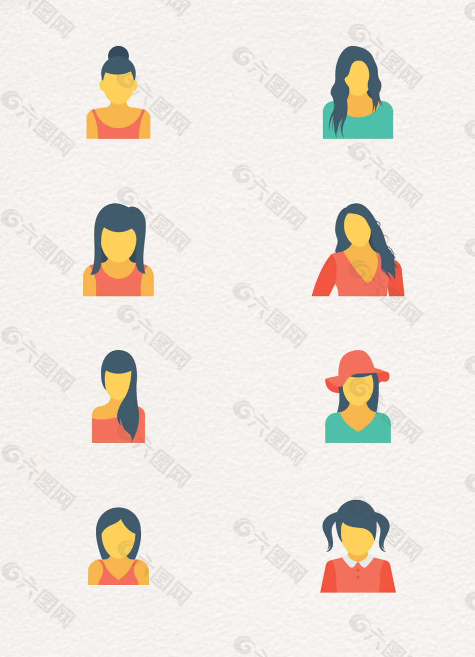 8款女性头像用户矢量图标元素