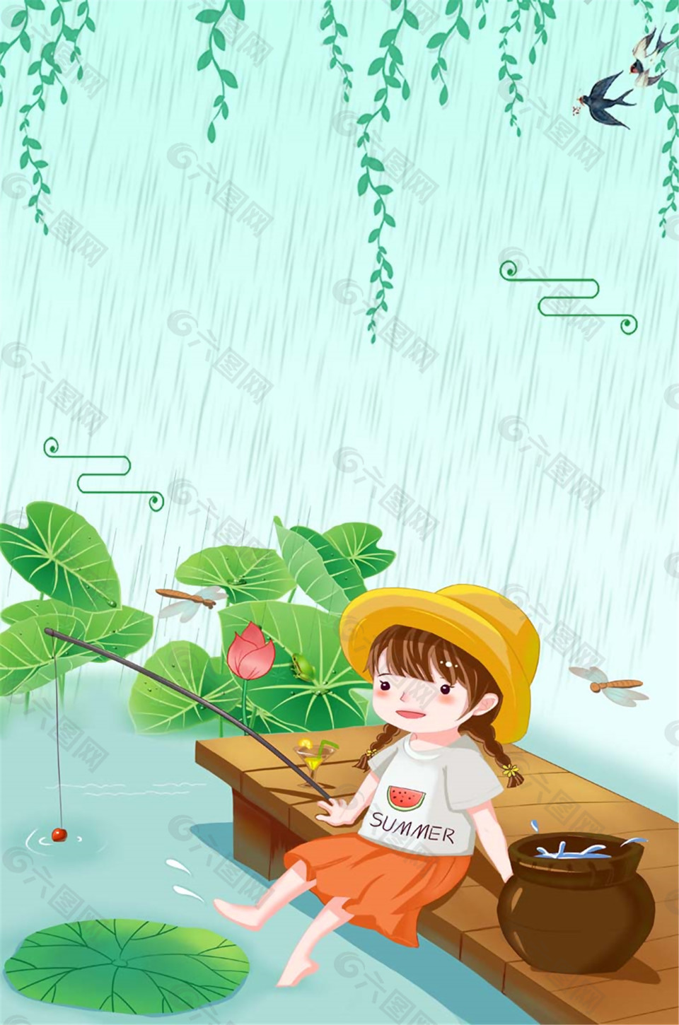卡通孩童荷塘垂钓夏至背景素材