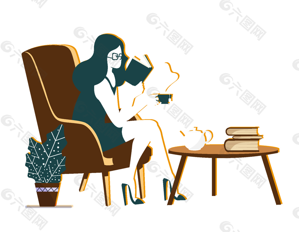 休闲客厅中看书和茶的女生