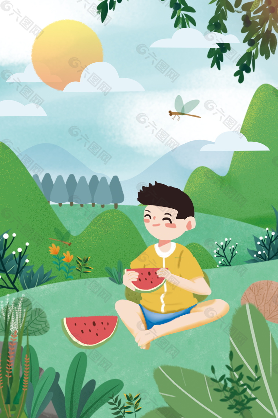 卡通小暑吃西瓜的男孩海报背景设计