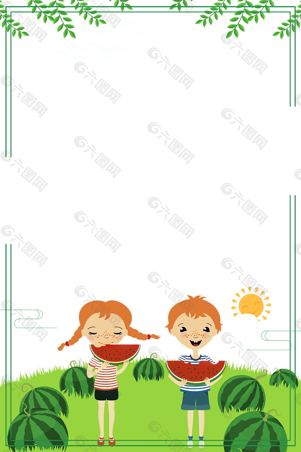 卡通男女孩童吃西瓜边框小暑节气背景素材