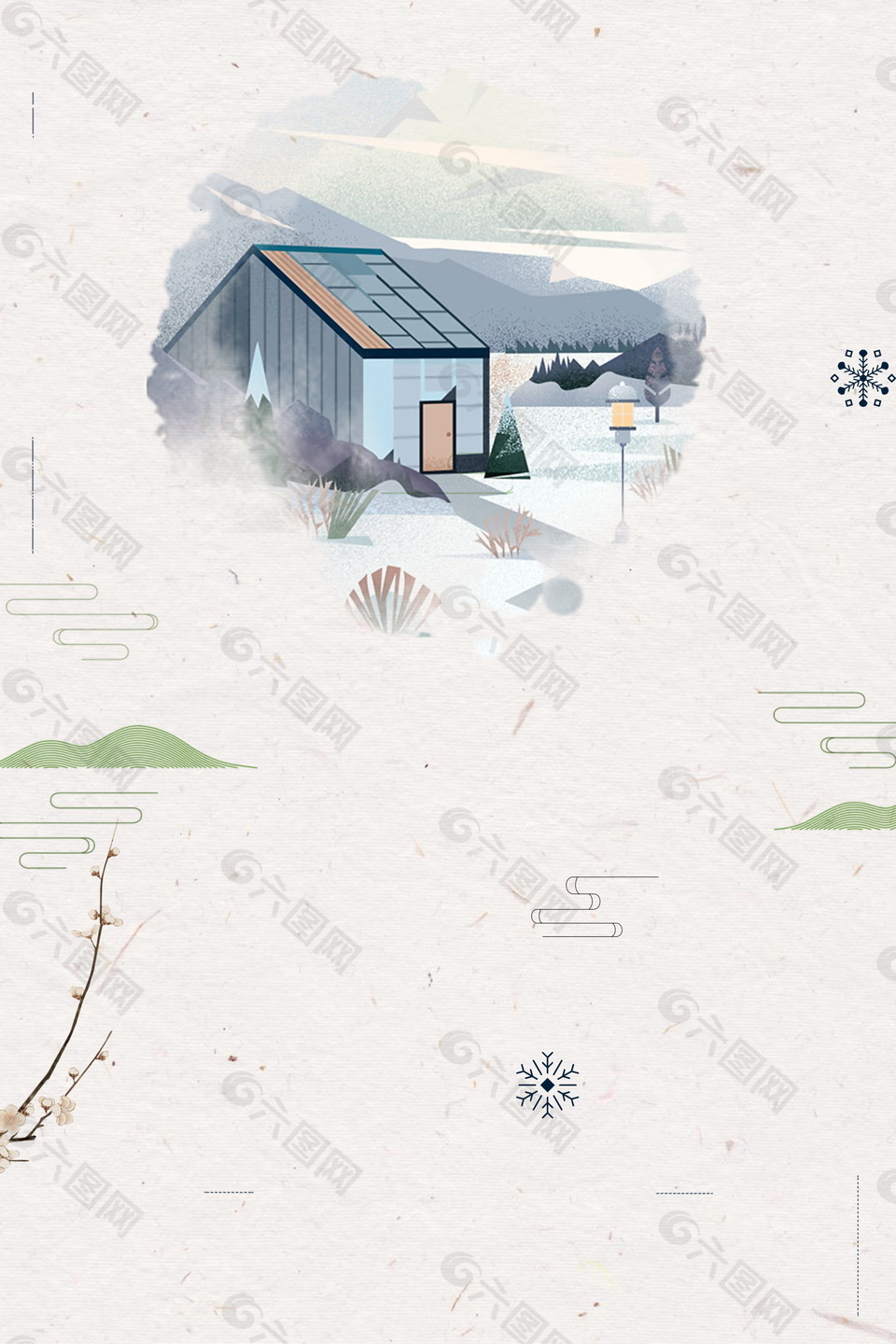 中国风手绘房屋小暑节气背景素材
