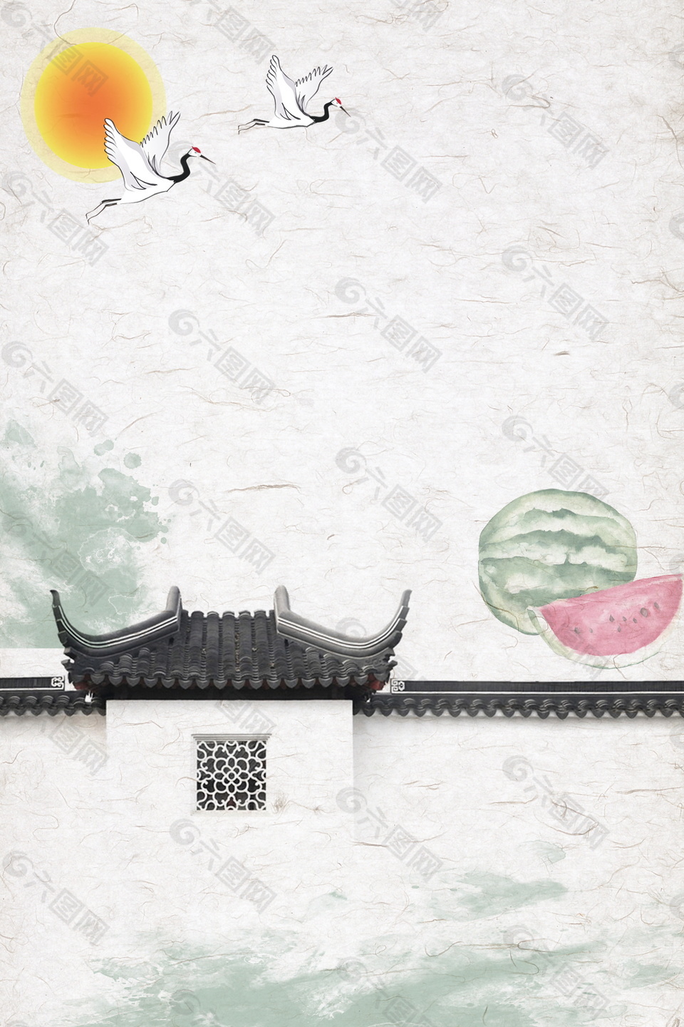 中国风小暑屋檐西瓜太阳白鹤海报背景设计