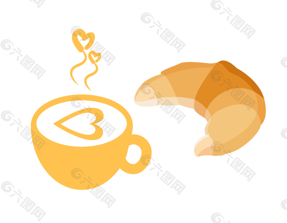 矢量手绘创意爱心咖啡与面包