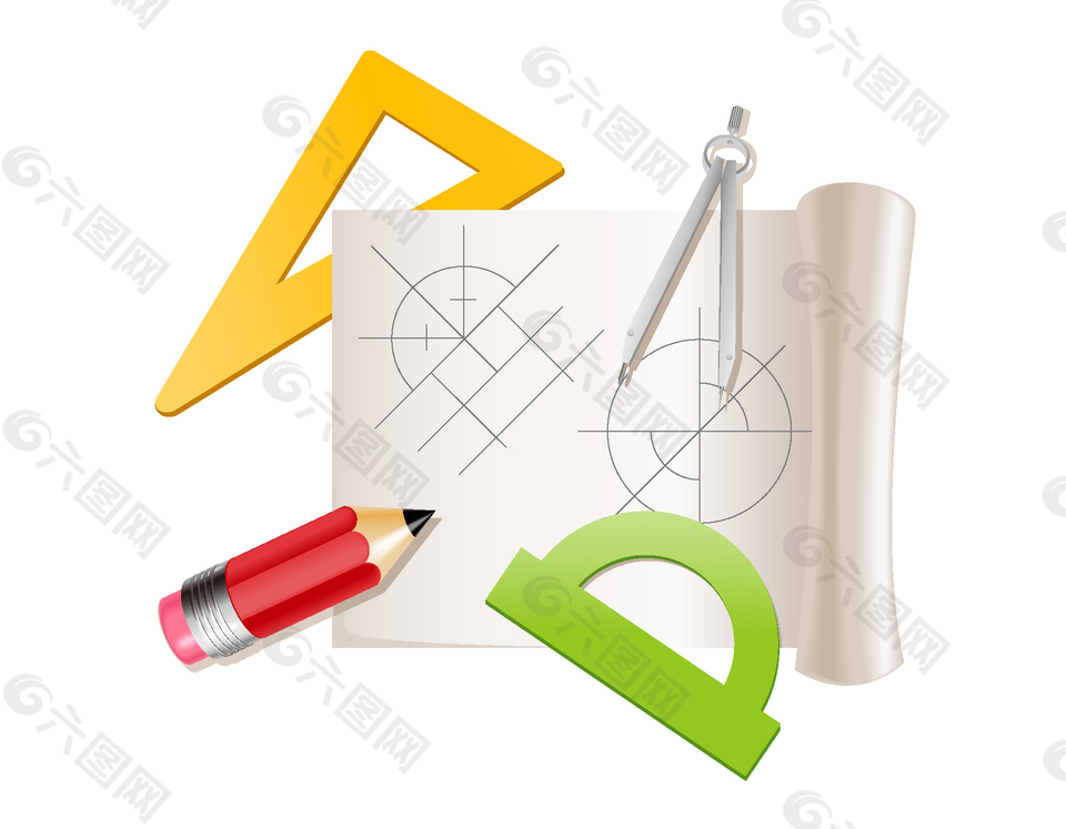 卡通圆规直尺图纸矢量元素