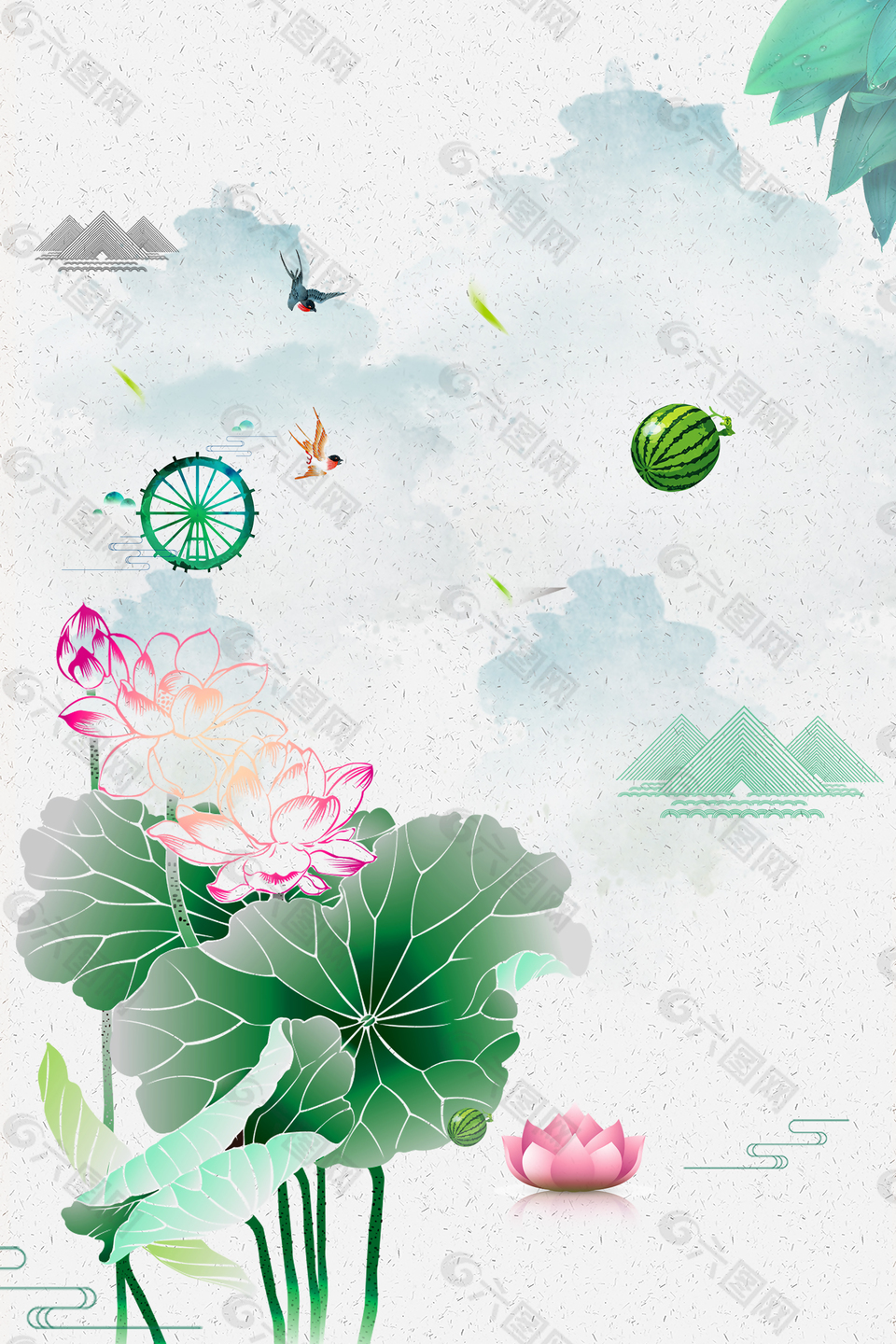 手绘卡通水墨夏天背景