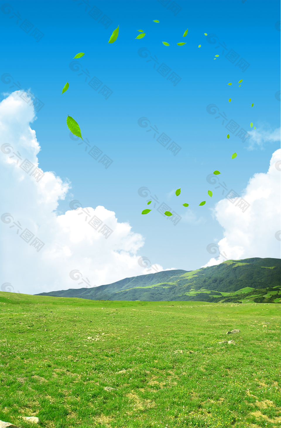 蓝天白云风景绿色草地背景