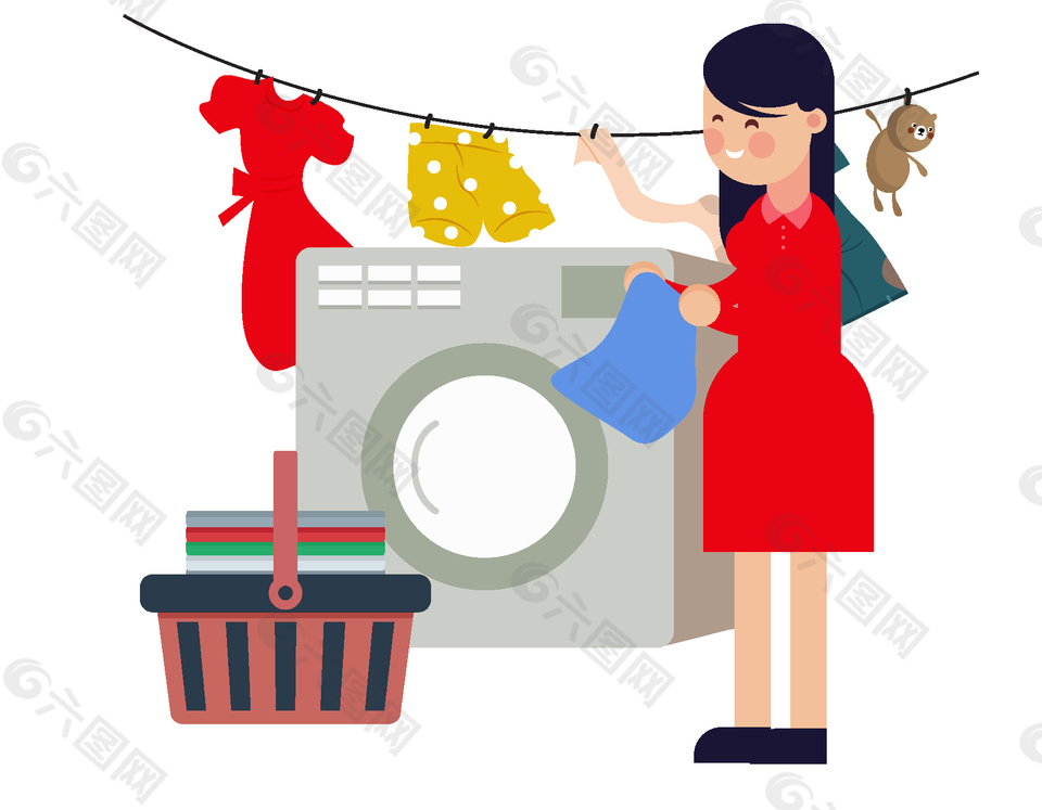 做家务洗衣服晾衣服矢量图