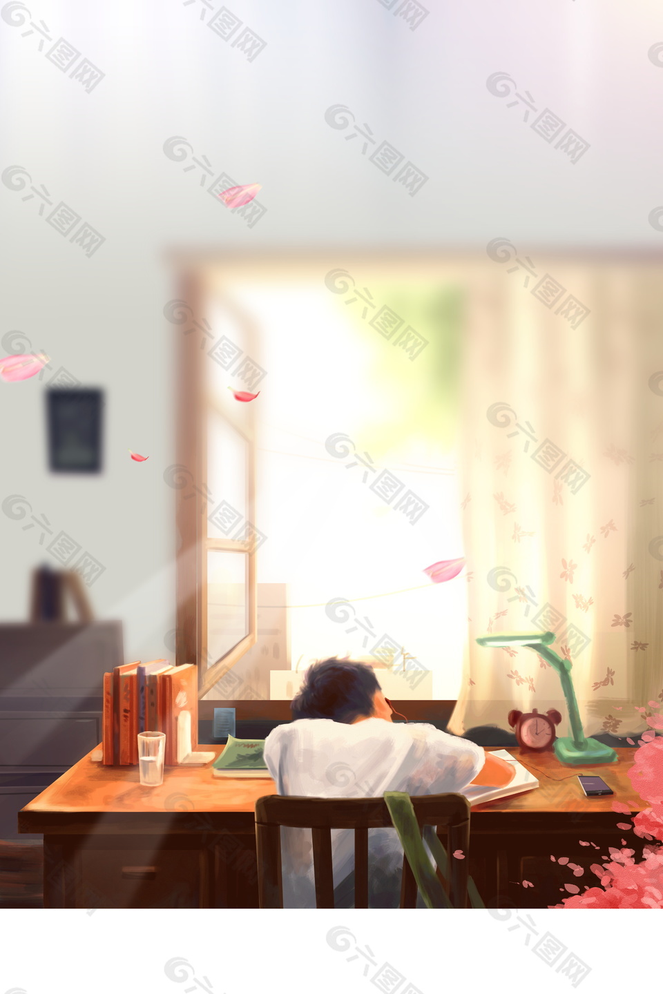 夏季小暑室内书童花瓣海报背景设计