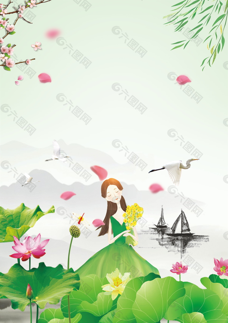 中国风小暑荷塘花仙子帆船海报背景设计