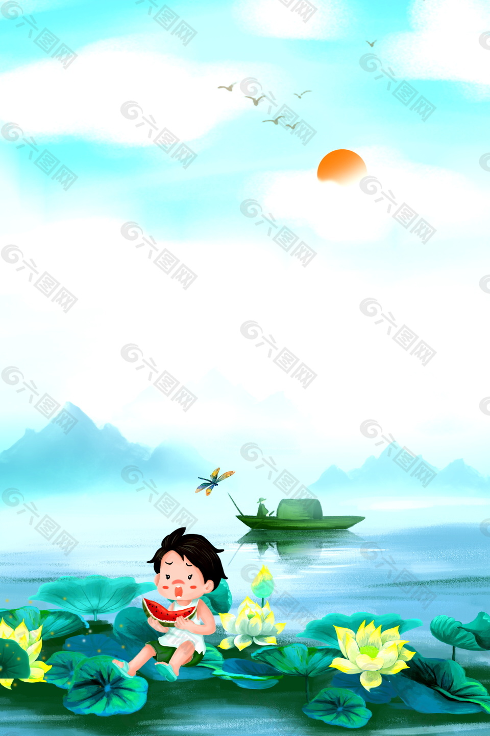 彩绘荷塘吃西瓜的男孩海报背景设计