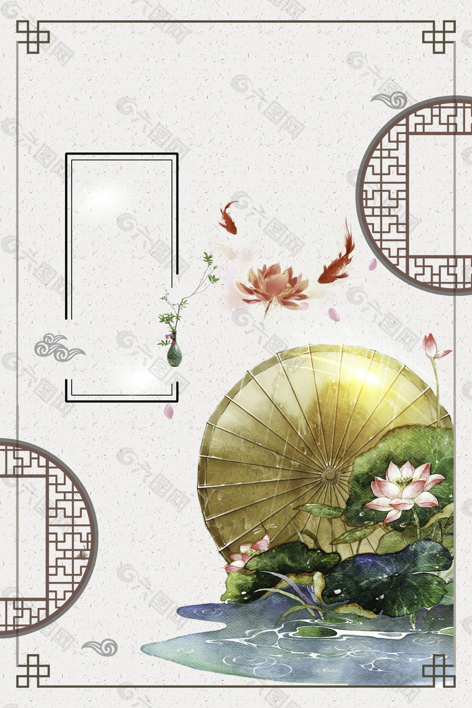 中国风彩绘荷花边框背景素材