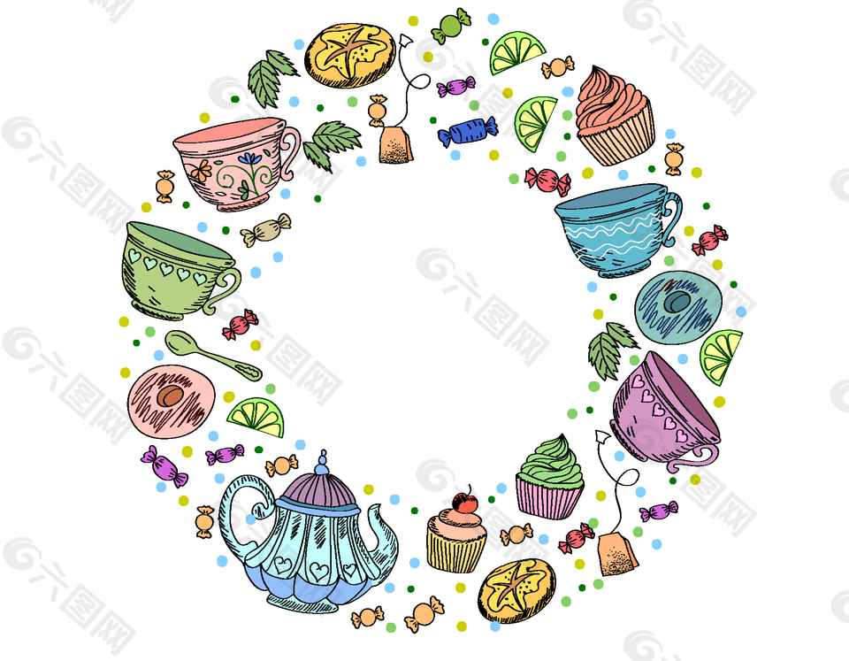 矢量手绘彩色茶壶与甜点