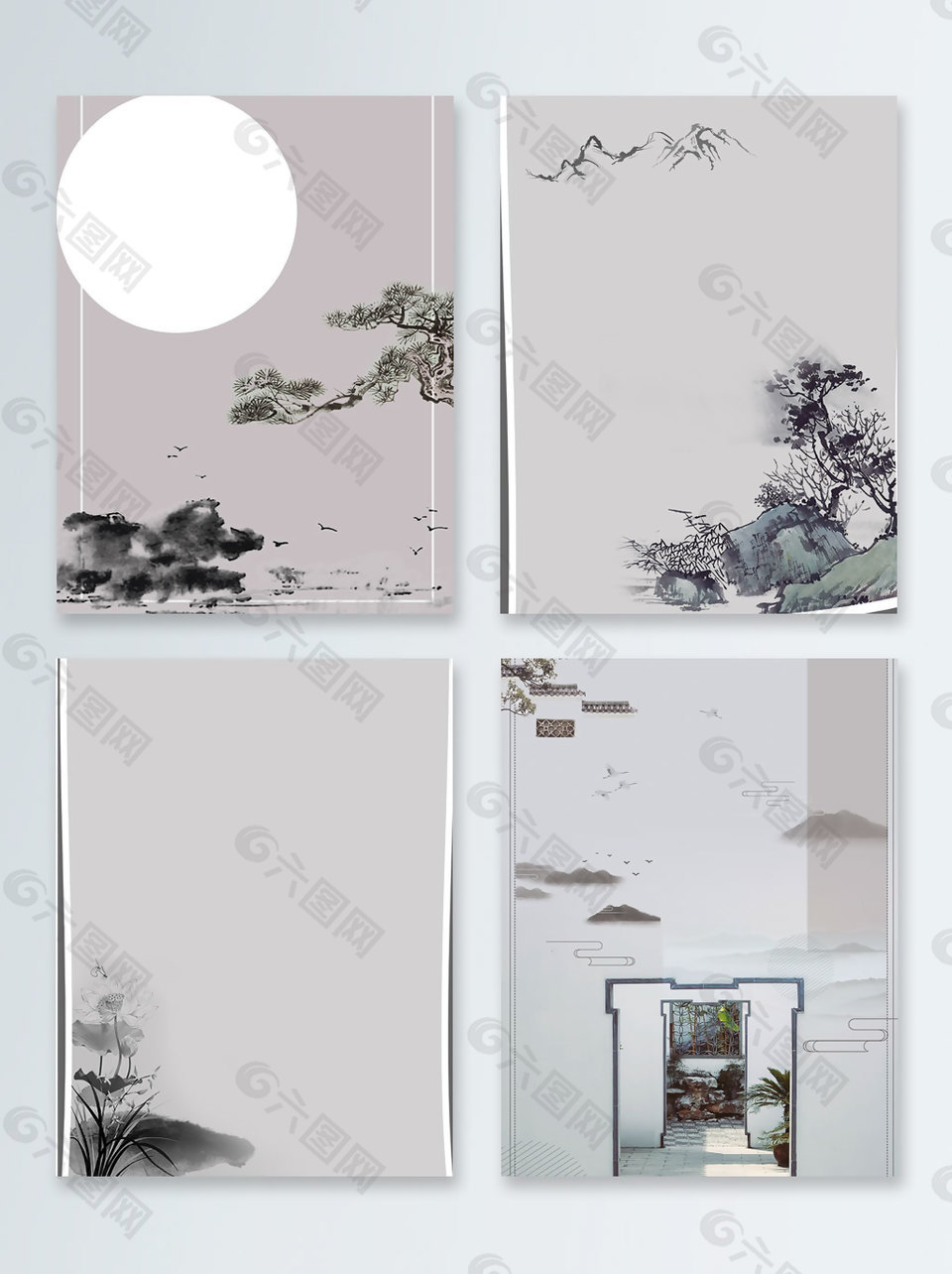 灰色松树中国风水墨广告背景图
