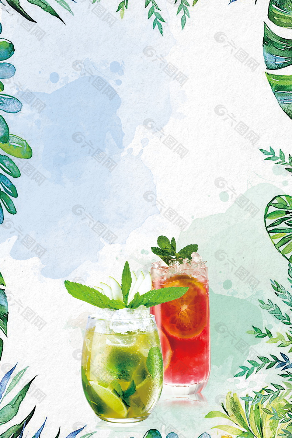 彩绘水果冷饮绿叶边框广告背景素材