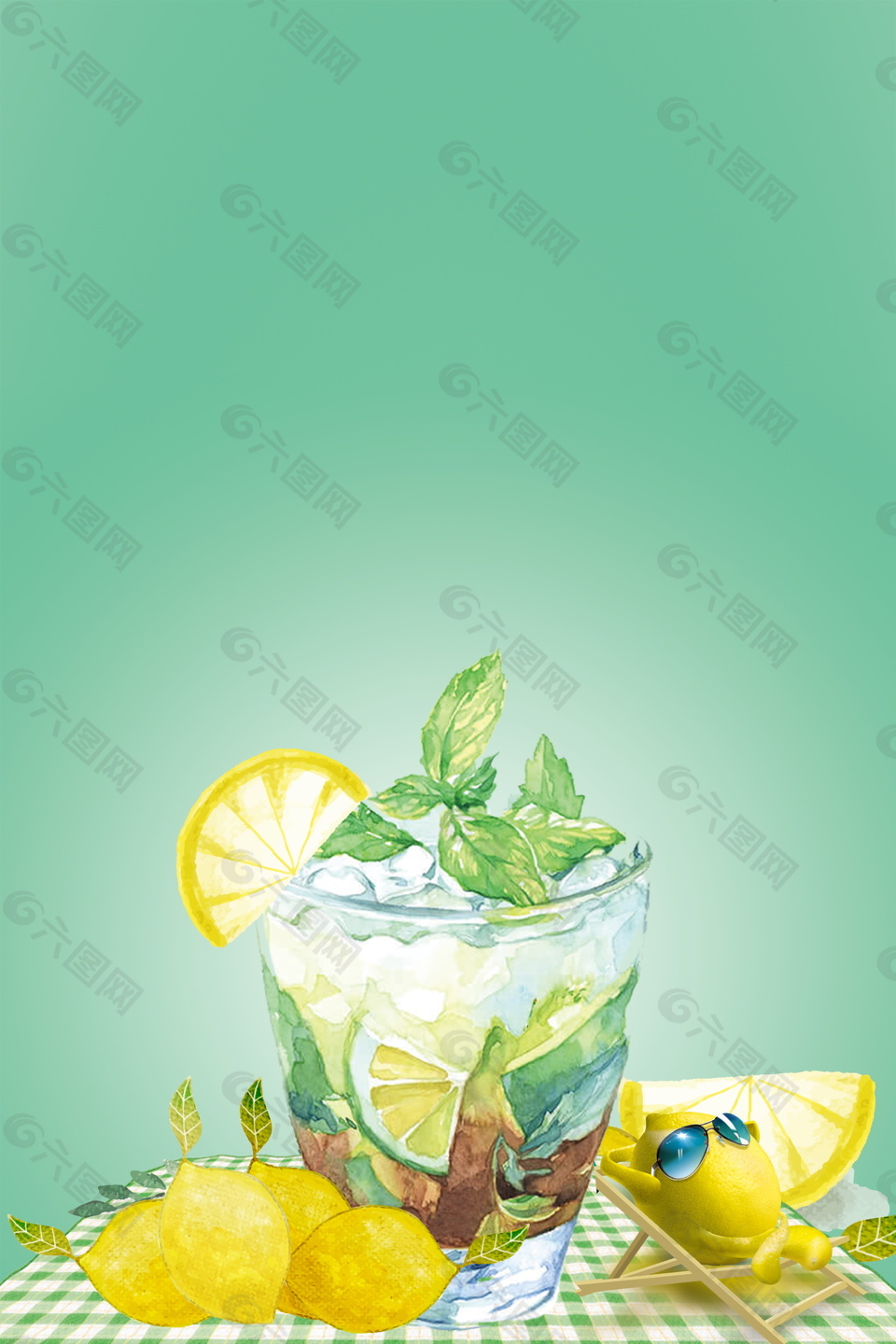 夏日冰块薄荷柠檬汁海报背景设计