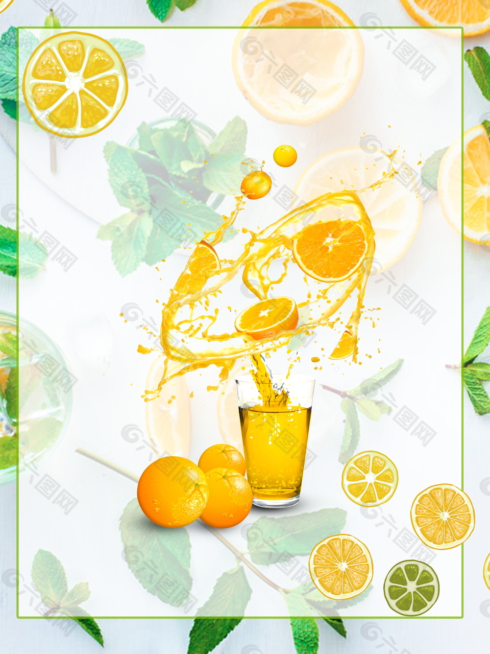 透明层金黄橙子汁冷饮背景素材