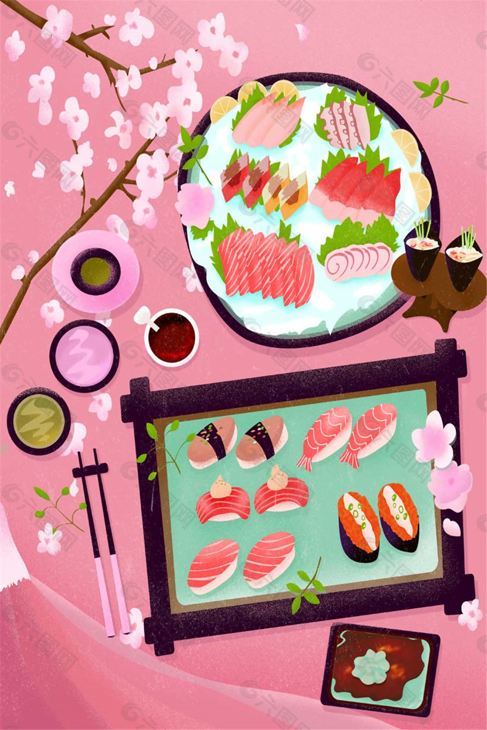 彩绘日系寿司美食广告背景素材