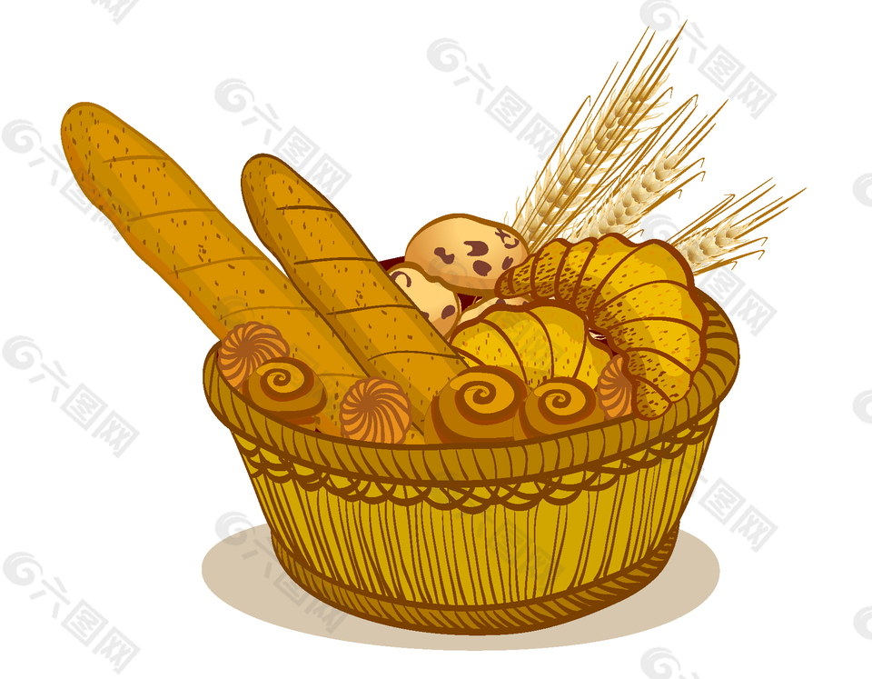 卡通大麦面包竹篮元素