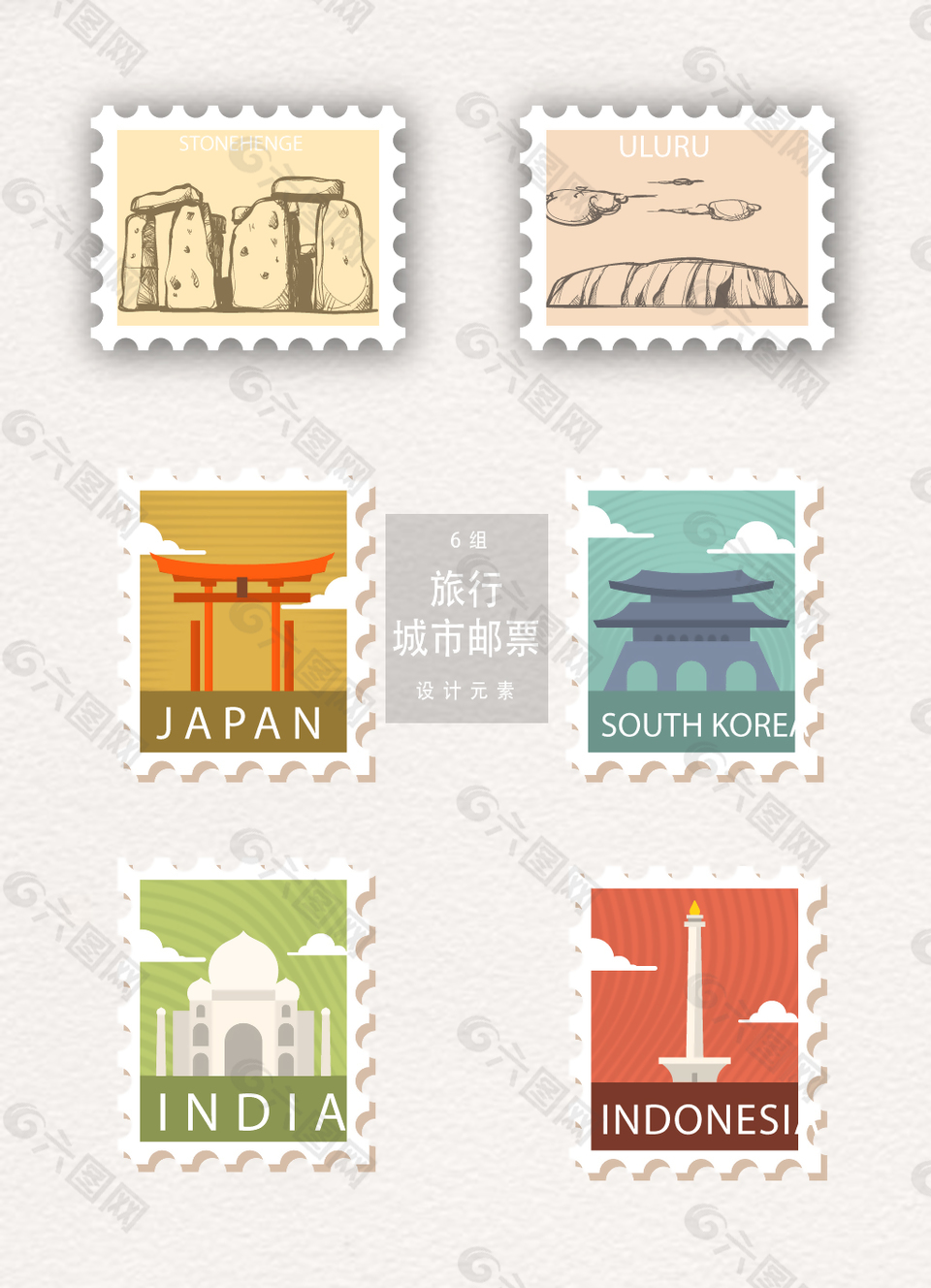 旅行城市邮票设计AI素材