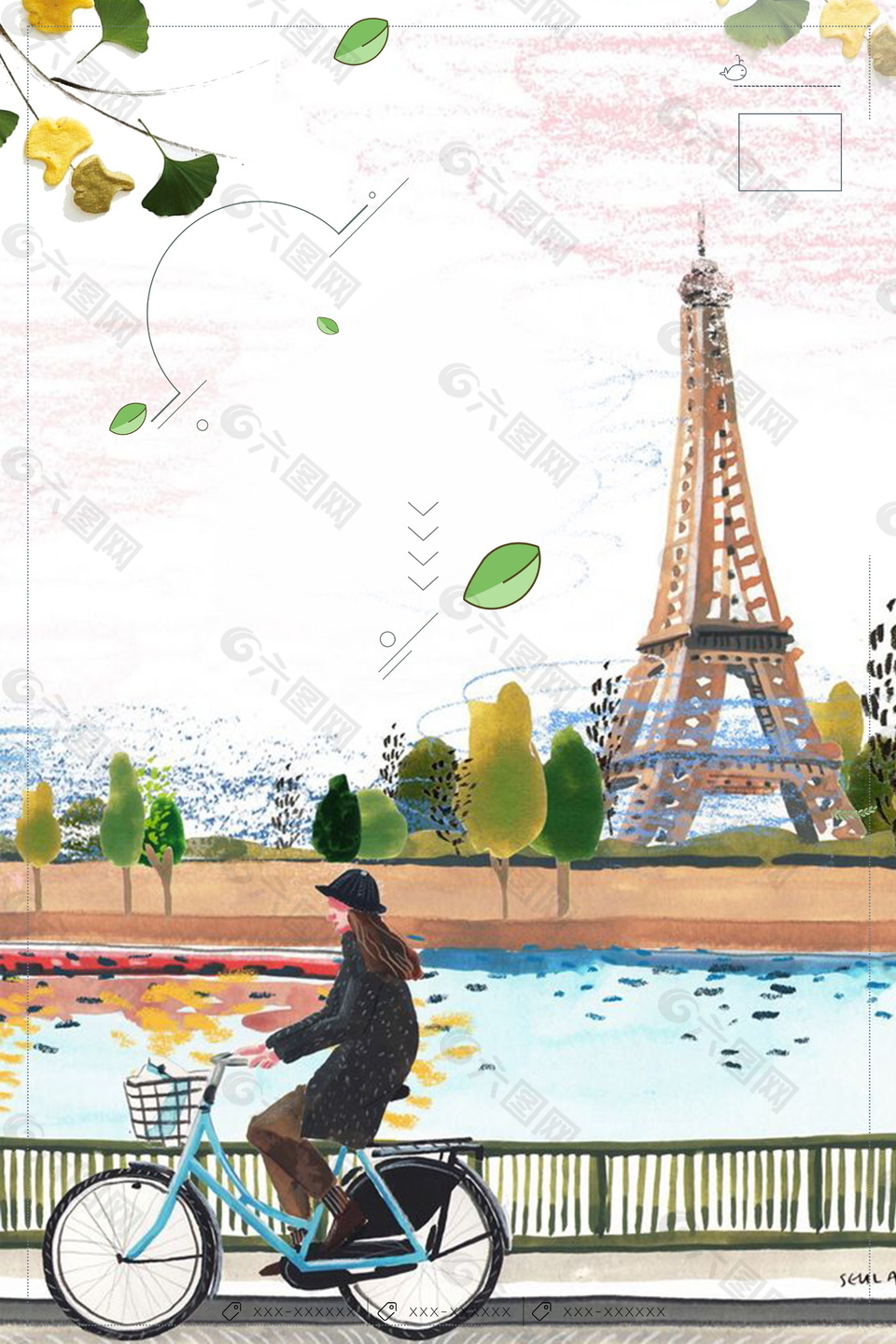 浪漫巴黎埃菲尔铁塔少女广告背景