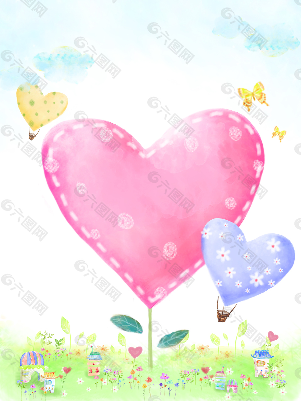 红色手绘心形树木背景