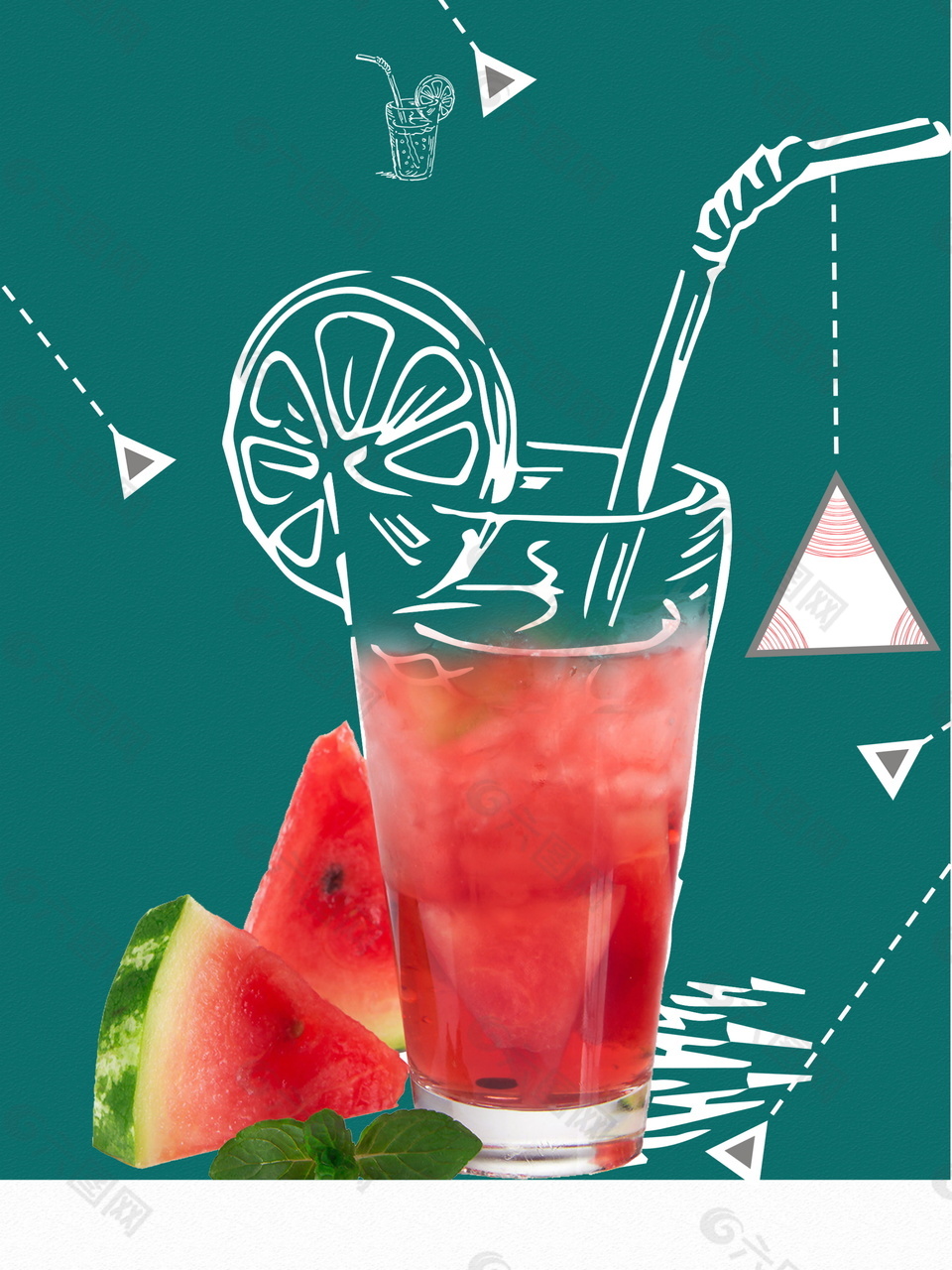 彩绘玻璃杯西瓜果汁冷饮广告背景素材