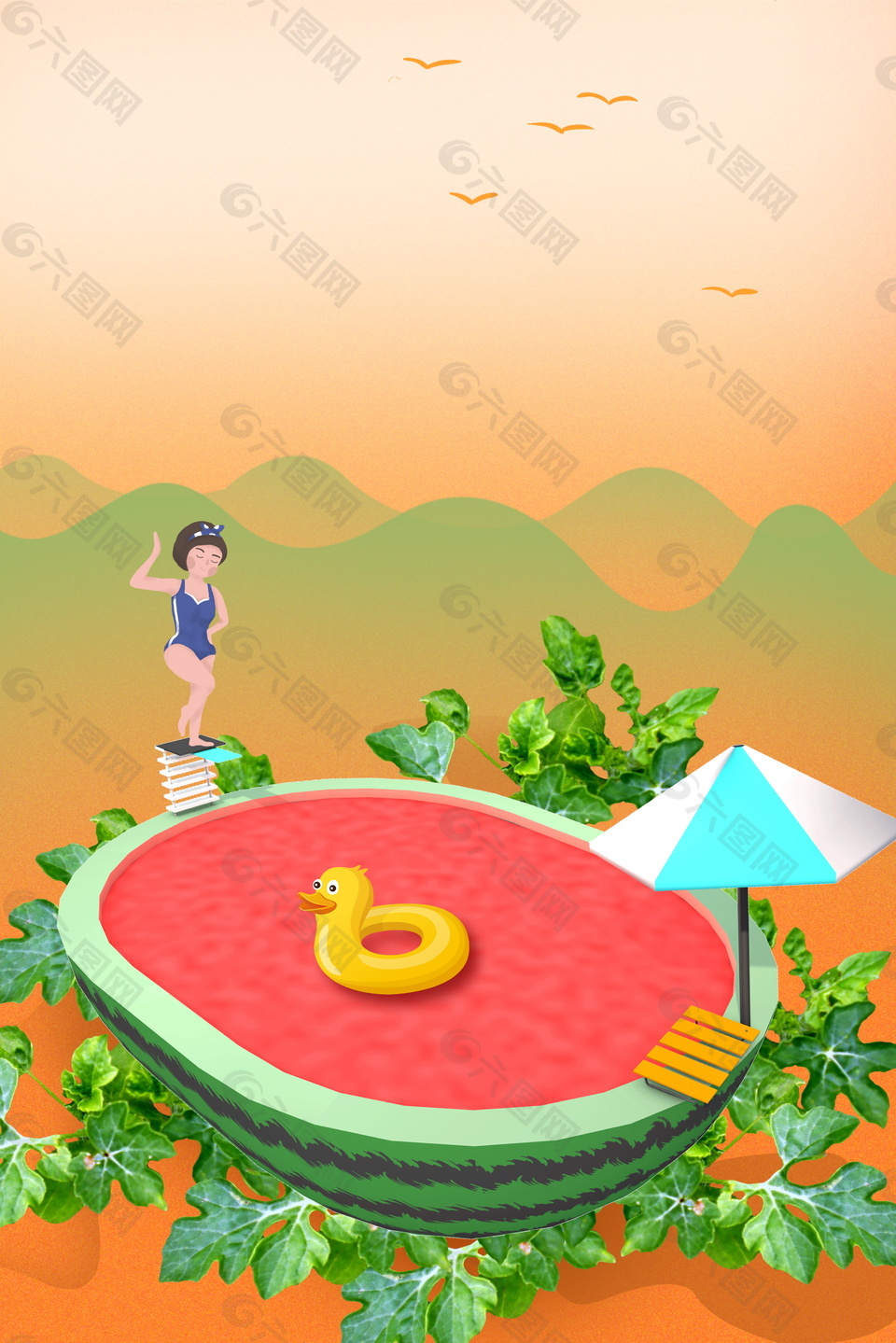 卡通女孩玩转挑水水上乐园背景素材