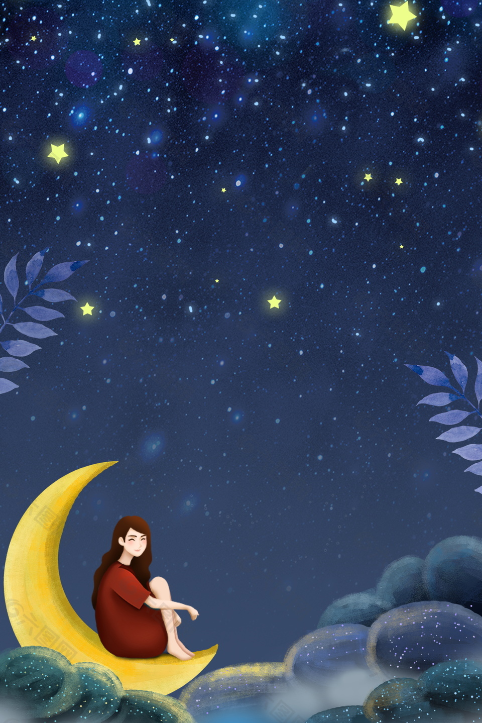 漫天星星月亮女孩仲夏之夜背景素材背景素材免费下载 图片编号 六图网
