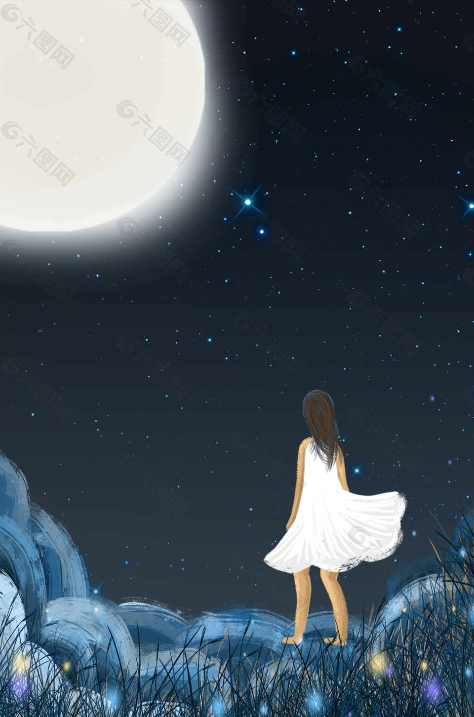 白裙女孩背影明亮月光仲夏之夜背景素材背景素材免费下载 图片编号 六图网