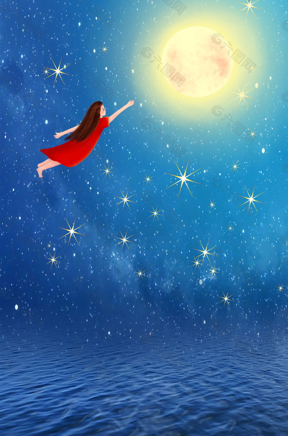 彩绘女孩飞向月亮仲夏之夜背景素材