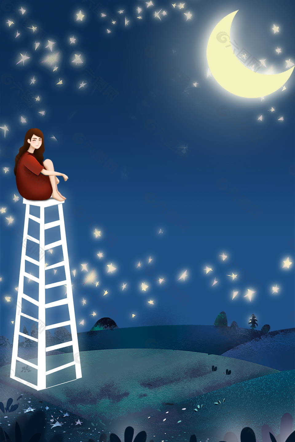 炫白弯月高架上的女孩仲夏之夜背景素材