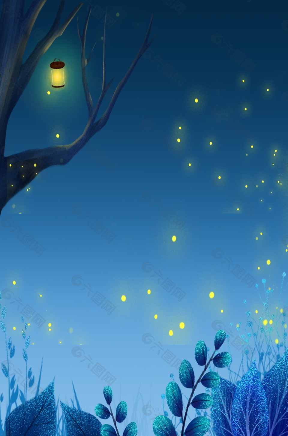 漫天萤火虫树上小灯笼仲夏之夜背景素材