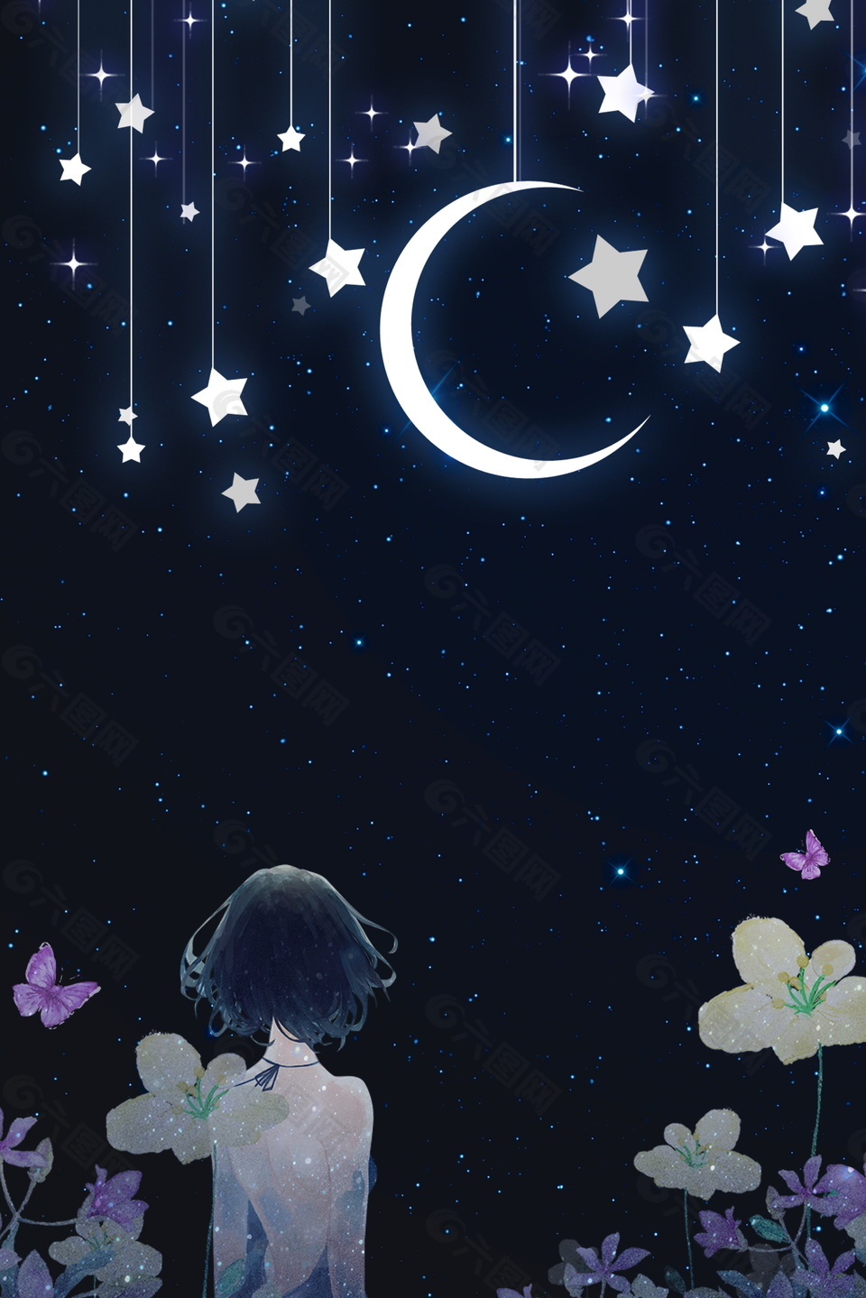 彩绘五角星月亮花朵仲夏之夜背景素材背景素材免费下载 图片编号 六图网