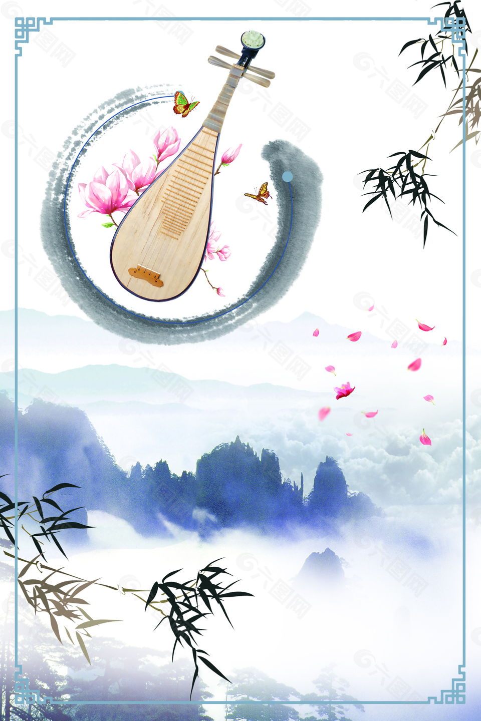中国风水墨淡雅古乐器琵琶背景