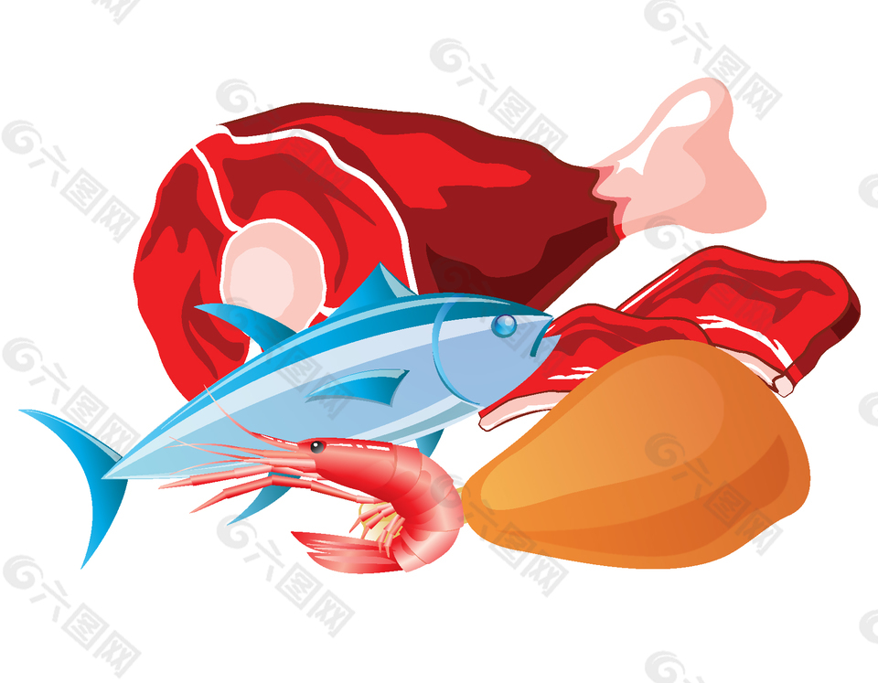 手绘鱼虾海产品元素