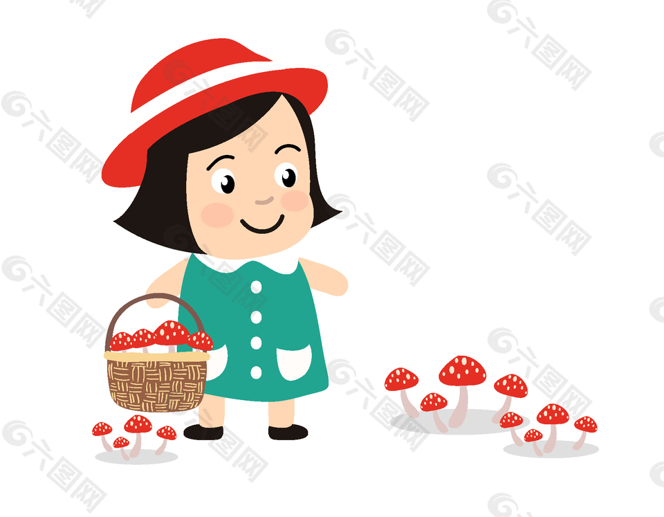 手绘小女孩采蘑菇元素