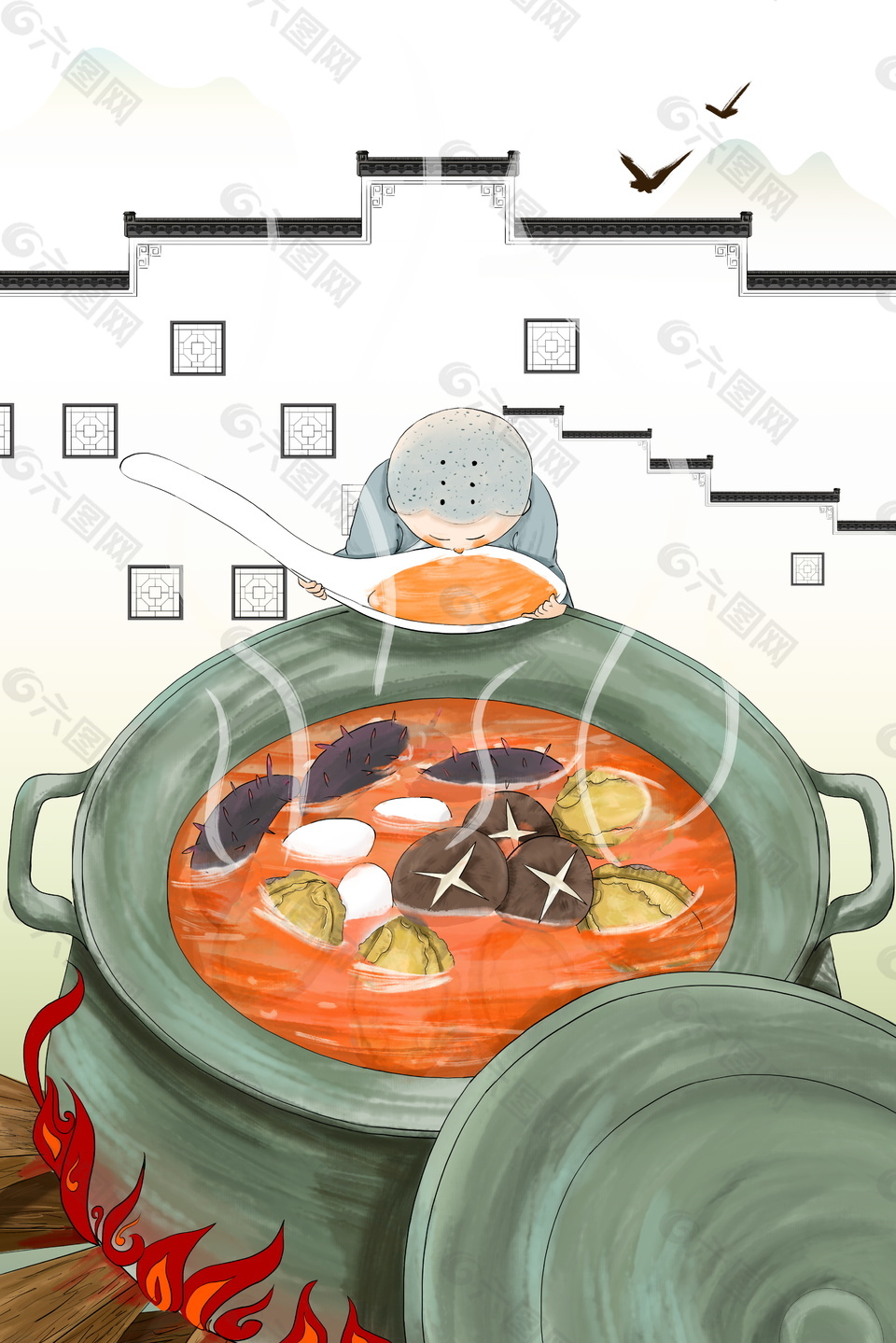 手绘蘑菇炖汤装饰元素