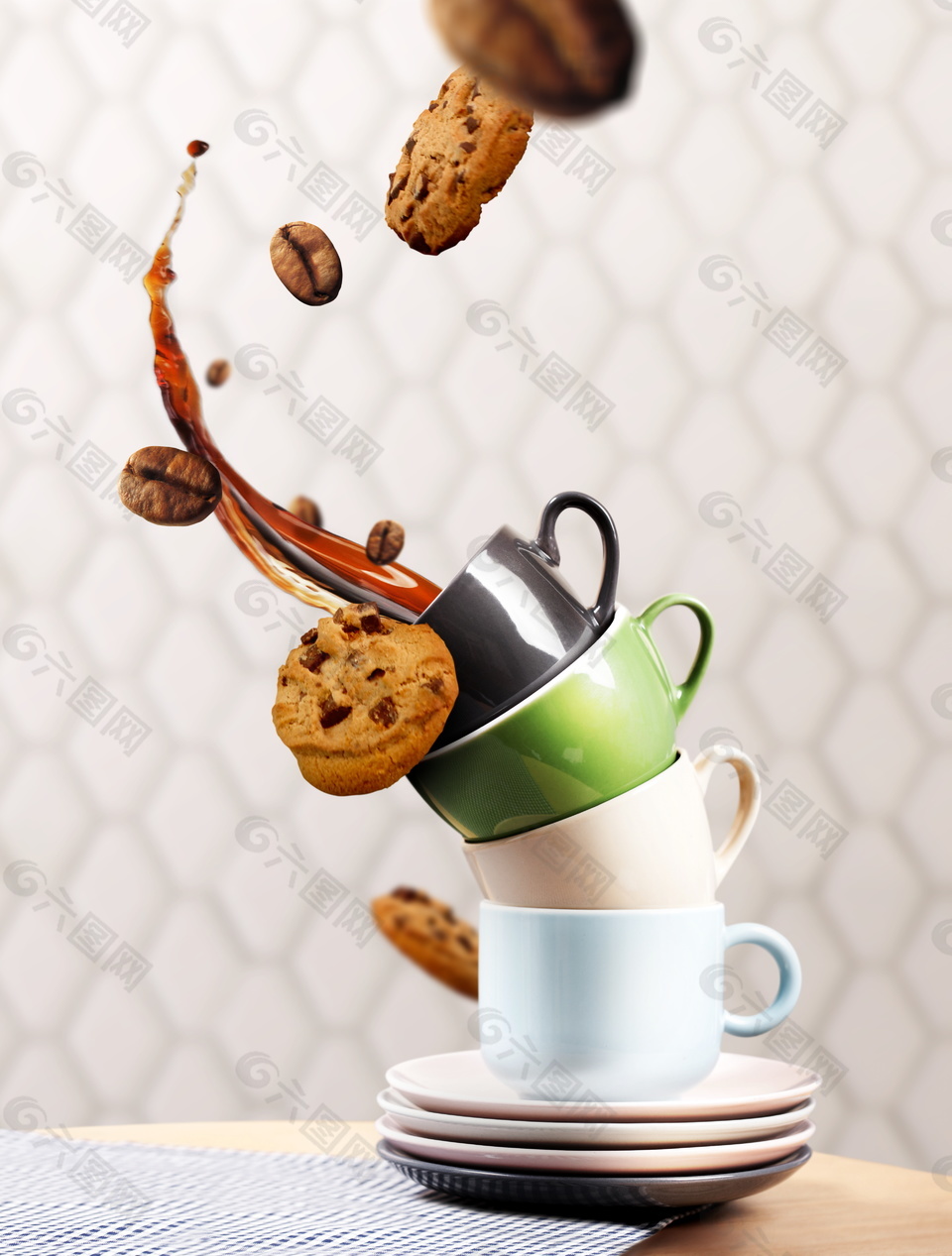 时尚3d立体饼干咖啡杯碟子海报背景素材