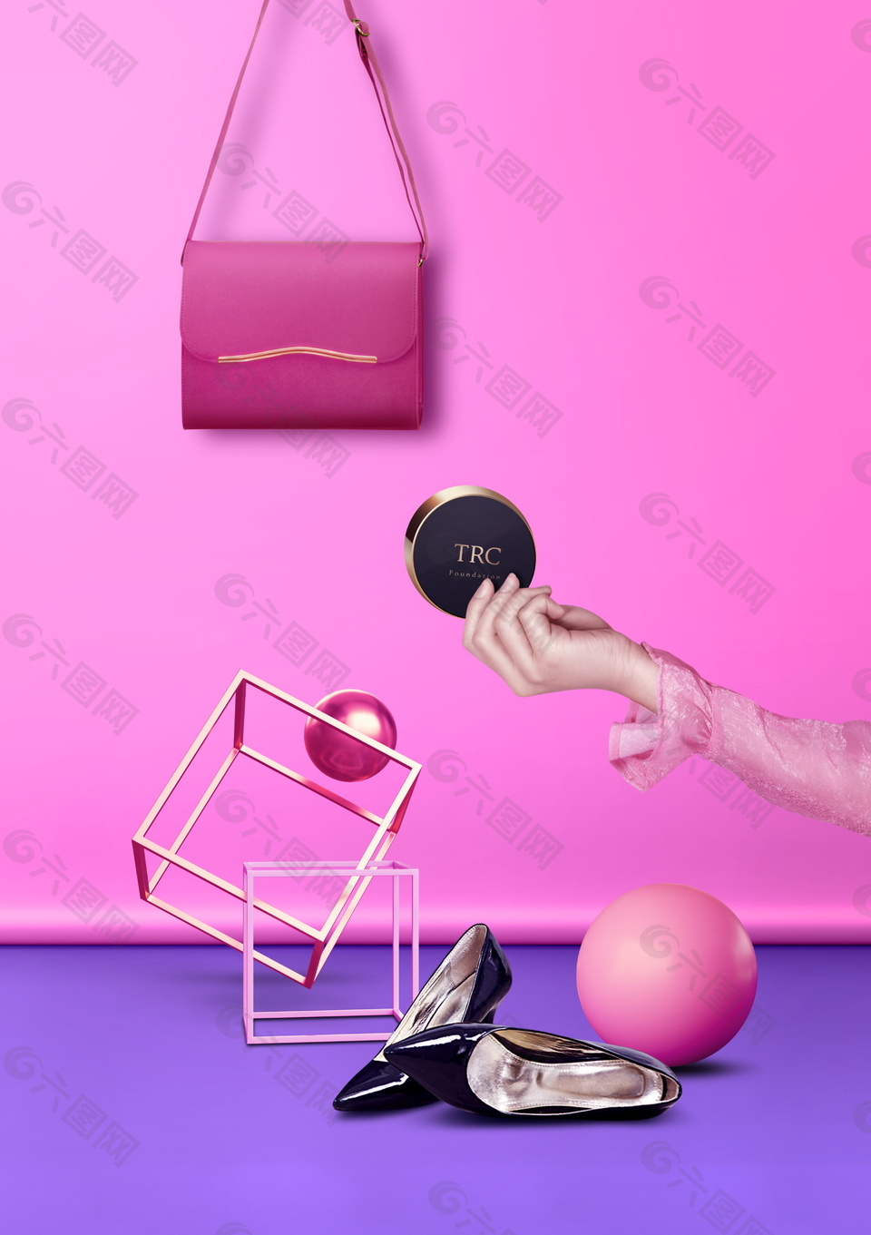 3D立体时尚撞色高跟鞋球体化妆品海报背景