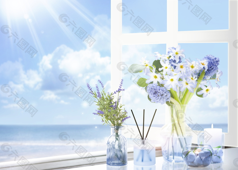 唯美夏季海边窗户花瓶海报背景素材