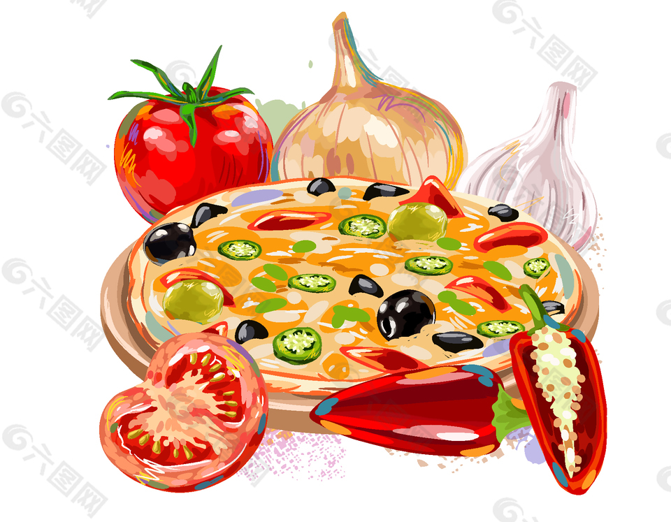 卡通蔬菜西红柿披萨元素