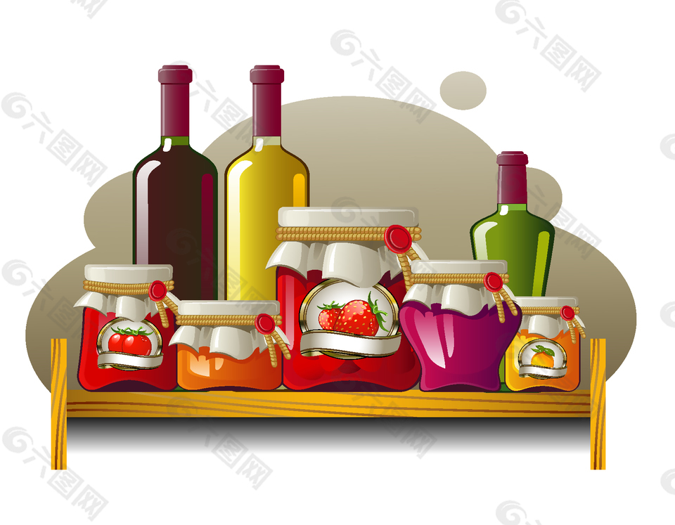 卡通瓶装水果酱和葡萄酒装饰图